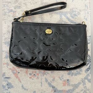 Coach Black Patent Signature Wristlet with Gold Accent